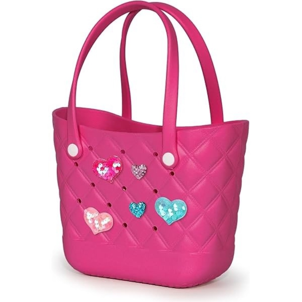 Kcizloz Kids Pink Rubber Tote Bag Heart Charms Quilted EVA Beach Pool Bag NEW
